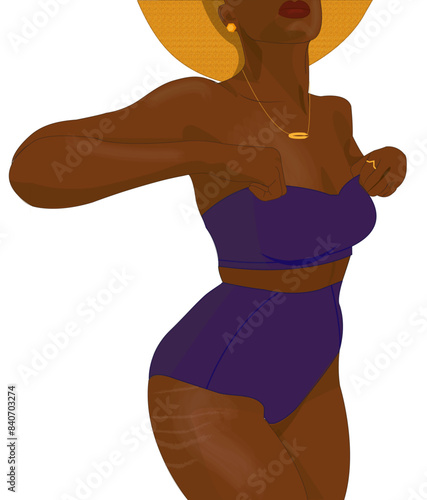 silhouette femme noire remonte maillot de bain vergetures été chapeau