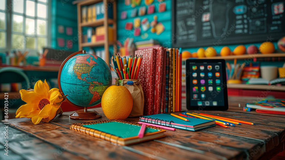 Fototapeta premium Vibrant Classroom Desk with Supplies and Tablet