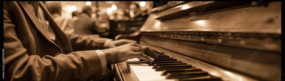 Piano player in a cozy jazz club, sepia tones, intimate audience, soft lighting, vintage ambiance, detailed background Piano player in a cozy jazz club, sepia tones, intimate audience, soft lighting, vintage ambiance, detailed background