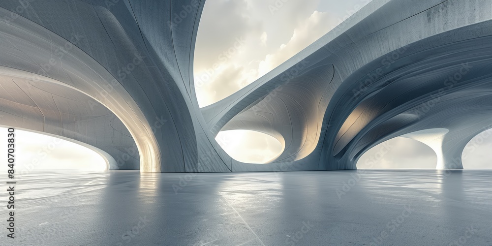 Obraz premium 3D render of abstract futuristic architecture concrete structure with flowing curves