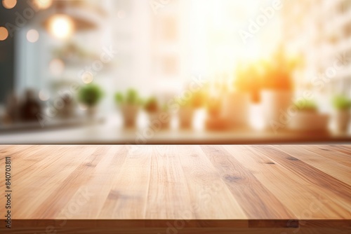 Empty Wooden Table Top with Blurred Kitchen Interior Background for Product Display