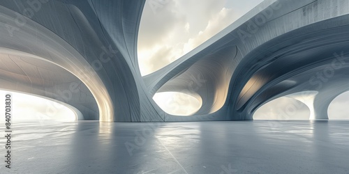 Fototapeta Naklejka Na Ścianę i Meble -  3D render of abstract futuristic architecture concrete structure with flowing curves