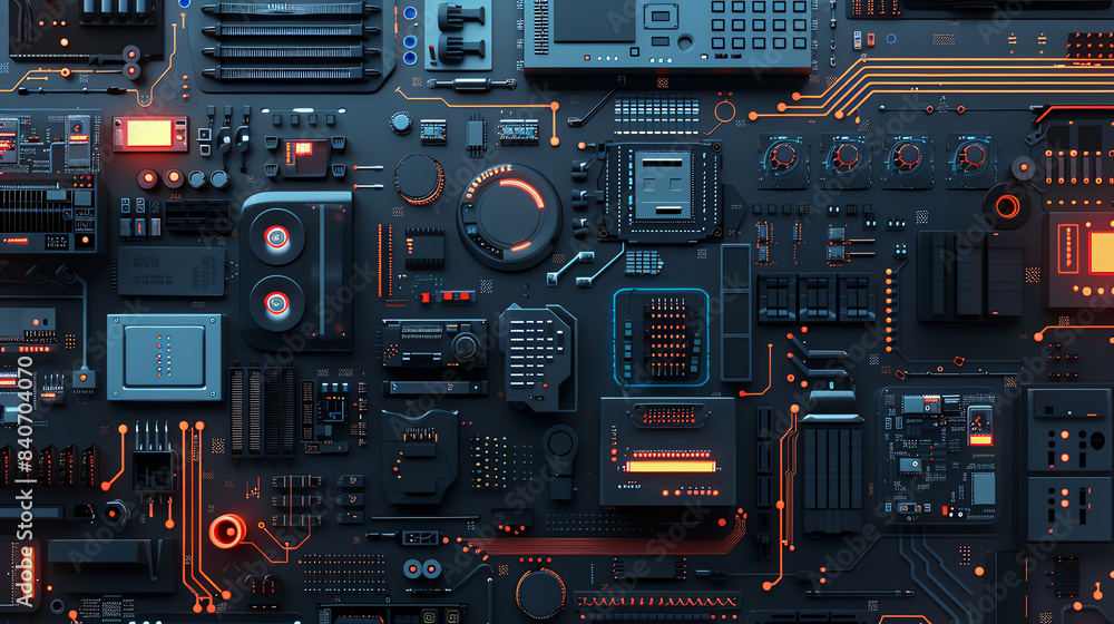 Create an illustration of a complex computer system, IT theme, front view, emphasizing interconnected hardware and software components, advanced tone, monochromatic color scheme. Create an illustration of a complex computer system, IT theme, front view, emphasizing interconnected hardware and software components, advanced tone, monochromatic color scheme.