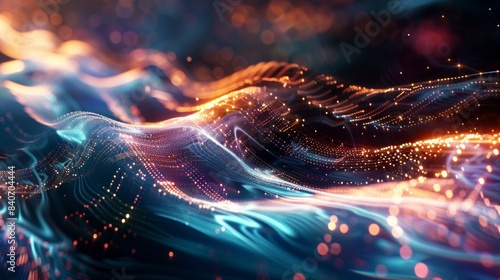 Futuristic abstract waves with glowing elements and dynamic motion, evoking the energy and innovation of advanced digital systems © Atiyut