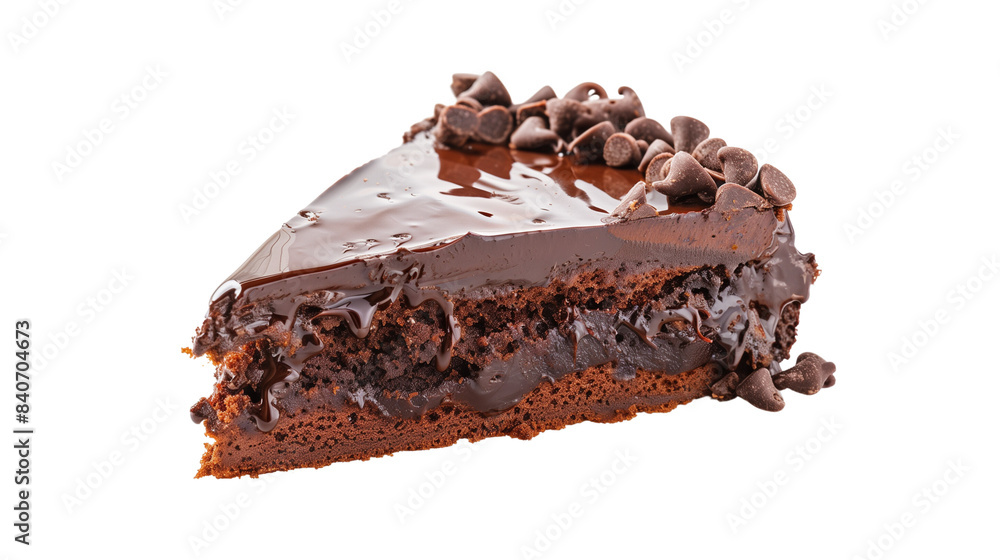 A piece of chocolate cake in the center on a png white background A piece of chocolate cake in the center on a png white background