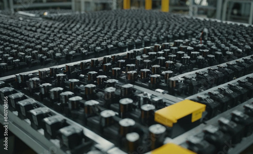Close-up View of Electric Car Battery Cells Mass Production Assembly Line in a Busy Factory