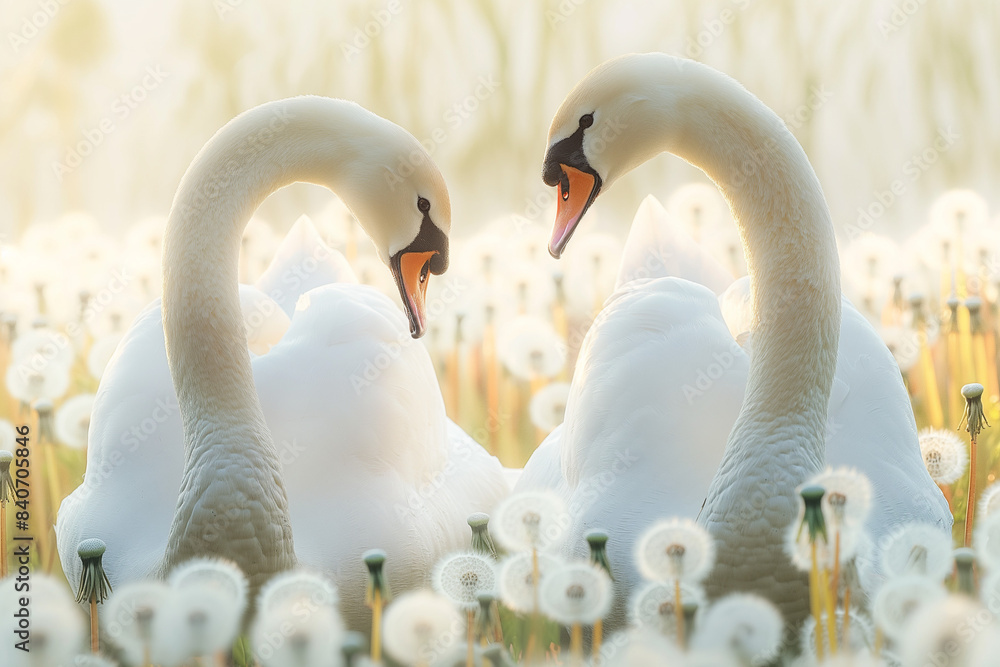 Obraz premium swans on the lake, Two elegant white swans gracefully positioned amid a field of vibrant dandelions, their feathers pristine and glowing under the perfect natural light