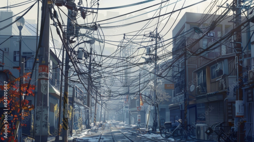 An urban street scene with electricity poles and a tangle of overhead wires, showcasing the intricate network that powers the city An urban street scene with electricity poles and a tangle of overhead wires, showcasing the intricate network that powers the city