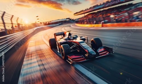 Futuristic Race Car Speeding Through Track at Sunset with Grandstand Viewers, Motion Blur Effect and Sunset Light Background