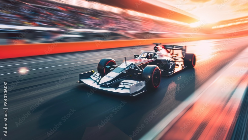 Futuristic Race Car Speeding Through Track at Sunset with Grandstand Viewers, Motion Blur Effect and Sunset Light Background Futuristic Race Car Speeding Through Track at Sunset with Grandstand Viewers, Motion Blur Effect and Sunset Light Background
