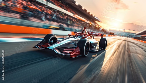 Futuristic Race Car Speeding Through Track at Sunset with Grandstand Viewers, Motion Blur Effect and Sunset Light Background