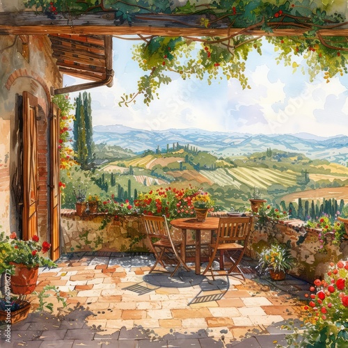 A painting of a patio with a table and chairs, and a view of the mountains