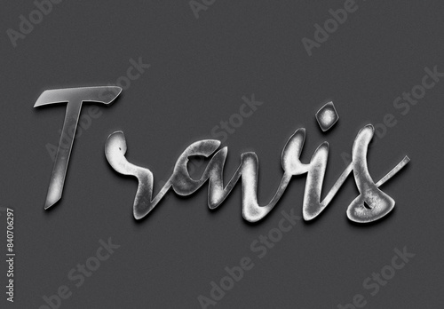 Chrome metal 3D name design of Travis on grey background. photo
