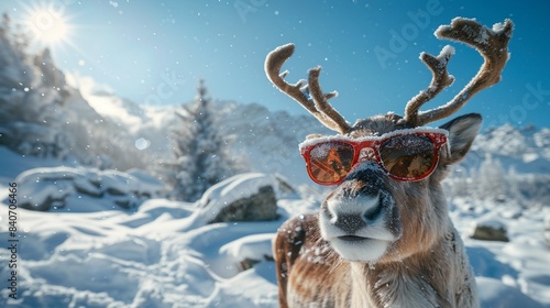 Stylish reindeer with sunglasses in snow, detailed, bright colors, clear sky, sunny mountain scene 8K , high-resolution, ultra HD,up32K HD