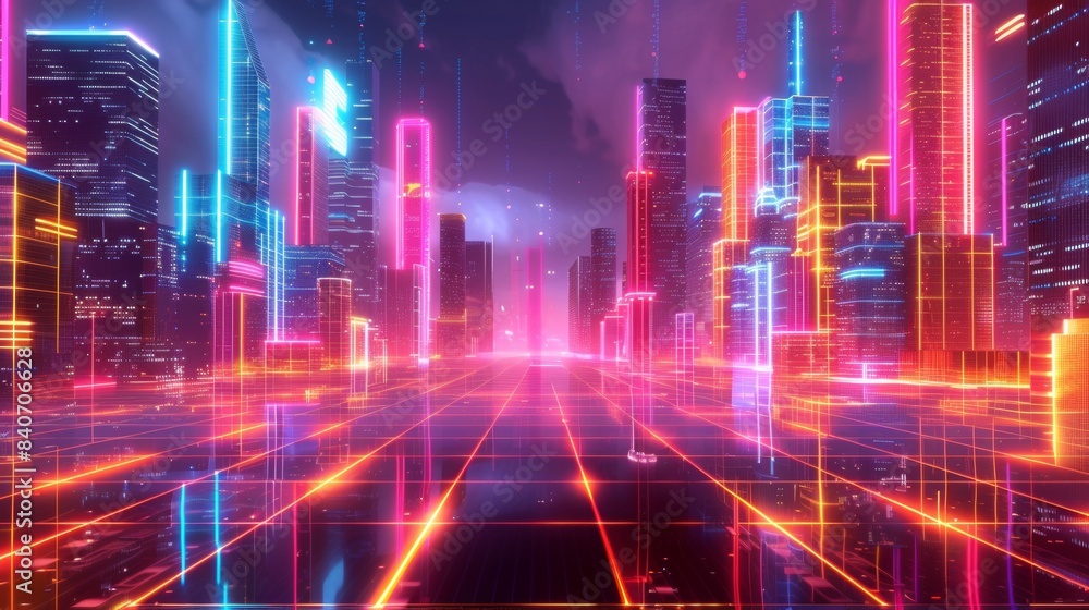 Futuristic cityscape with glowing neon grids and skyscrapers, blending geometric patterns and vibrant colors to create a dynamic high-tech abstract background Futuristic cityscape with glowing neon grids and skyscrapers, blending geometric patterns and vibrant colors to create a dynamic high-tech abstract background