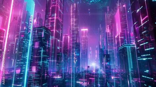 Wallpaper Mural Futuristic cityscape with glowing neon grids and skyscrapers, blending geometric patterns and vibrant colors to create a dynamic high-tech abstract background Torontodigital.ca