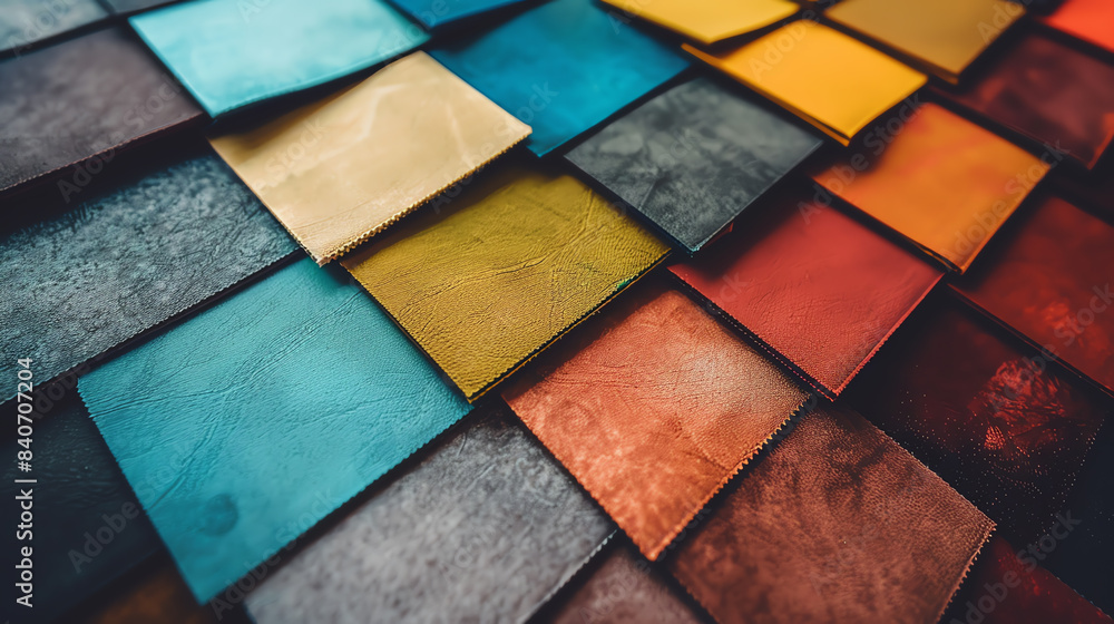 Develop an image of an interior design palette, home decor theme, side view, emphasizing fabric samples and paint chips, futuristic tone, triadic color scheme. Develop an image of an interior design palette, home decor theme, side view, emphasizing fabric samples and paint chips, futuristic tone, triadic color scheme.