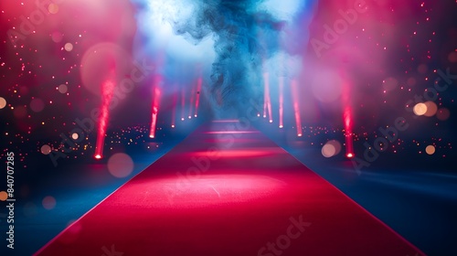 Red carpet on a grand stage,by a dramatic spotlight background