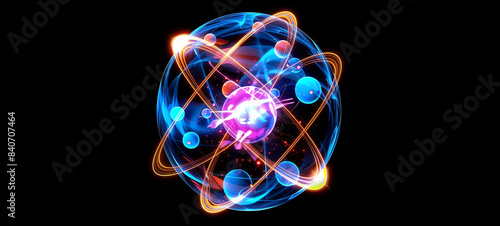 Generate a detailed image of an atom structure, nuclear physics theme, top view, showcasing electrons orbiting a nucleus, scifi tone, vivid color scheme. photo