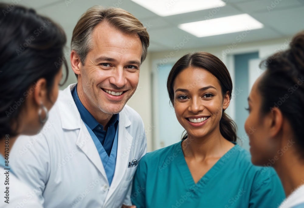 Obraz premium Happy multi-ethnic healthcare workers, Caucasian doctor and Latina nurses in uniforms and lab coats, smiling and collaborating in the hospital.