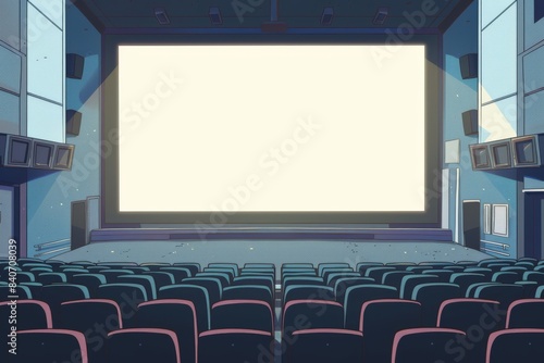 Empty movie theater with large blank cinema screen in modern auditorium