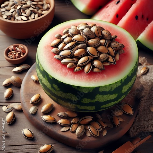 101 26. Watermelon seeds_ Small, flat, oval seeds with a mild, n photo