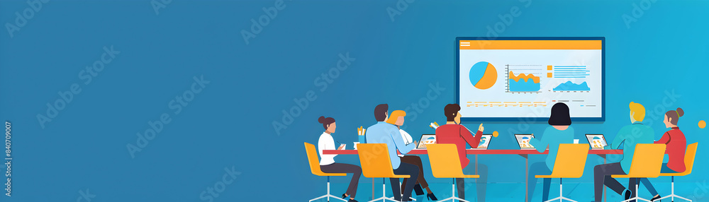 Flat design concept: Team discussing quarterly targets in business meeting Vector illustration with strategic planning and teamwork in 3 color scheme Flat design concept: Team discussing quarterly targets in business meeting Vector illustration with strategic planning and teamwork in 3 color scheme