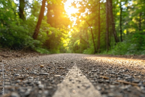 Fototapeta Naklejka Na Ścianę i Meble -  A winding road surrounded by trees and foliage in a dense forest