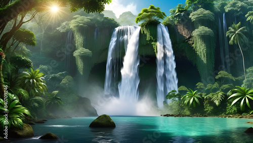 Majestic Waterfall in Jungle - A powerful waterfall cascading through a tropical jungle  showcasing nature s beauty and power Generative AI