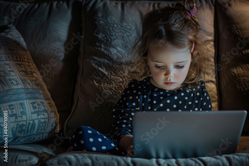 A young girl is sitting on a couch and looking at a laptop