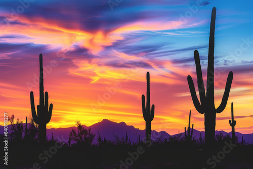 A sunset over a desert landscape with a group of cacti
