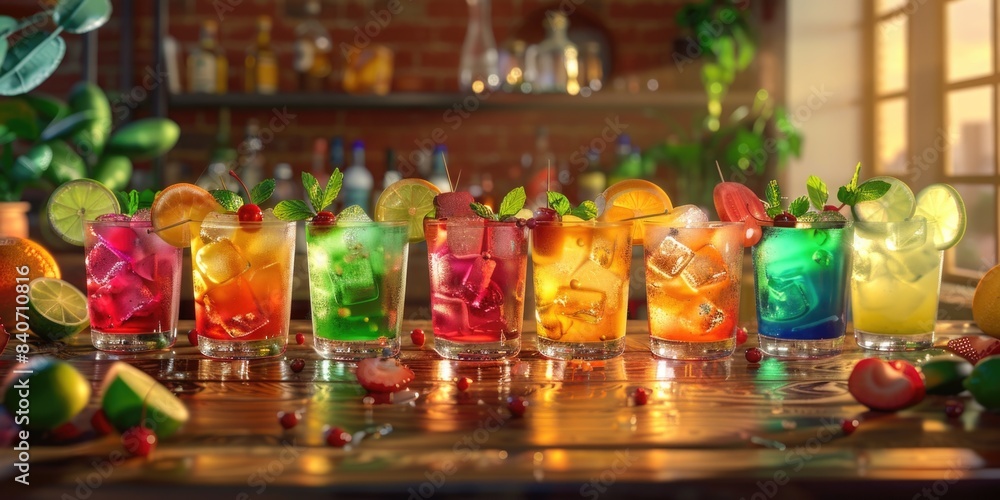 A row of glasses filled with different colored drinks A row of glasses filled with different colored drinks