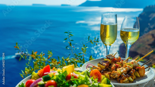 A plate of food with a glass of wine and a view of the ocean