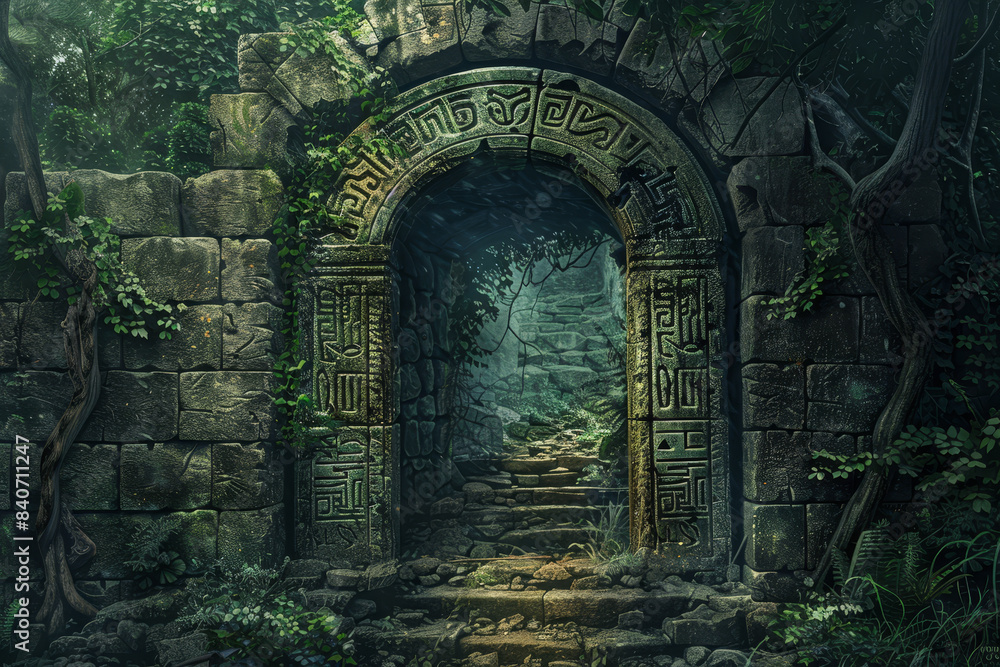 A dark, overgrown entrance to a building with vines growing on the walls A dark, overgrown entrance to a building with vines growing on the walls