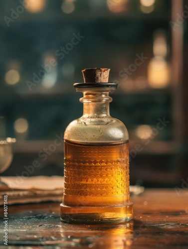 A bottled liquid sits on top of a wooden table, perfect for a rustic setting or product display