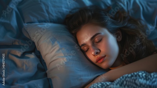 Close-up of a woman sleeping peacefully in bed with warm ambient light creating a cozy atmosphere