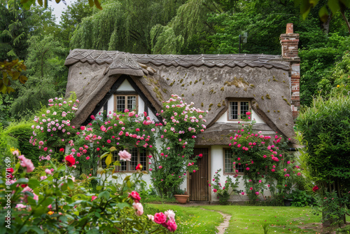 A small house with a white roof and pink flowers on the roof