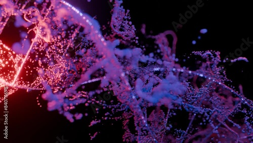 video of 3D DNA scattering into small particles on a black background
