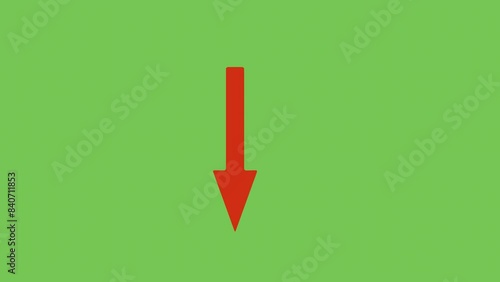 One 3d red arrow pointing down on green screen