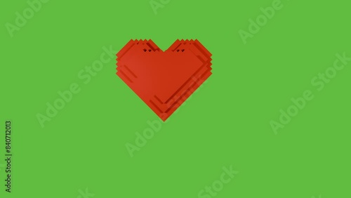 3D animation of a heart made of cubic particles breaking into pieces on a green background