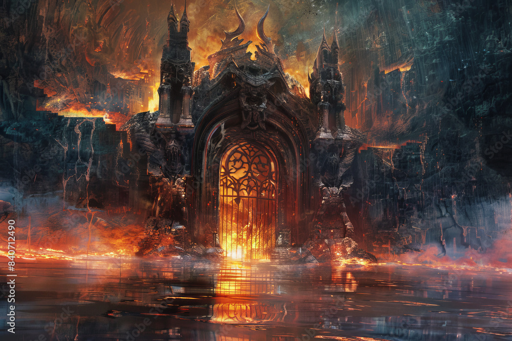 A painting of a castle with a large gate and a dragon on top A painting of a castle with a large gate and a dragon on top