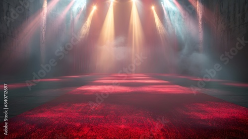 Red carpet on a grand stage by a dramatic spotlight background