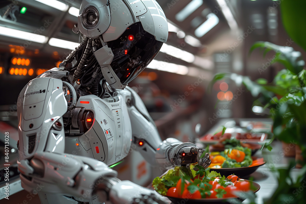Fototapeta premium A futuristic robot chef preparing a gourmet meal in a high-tech kitchen.