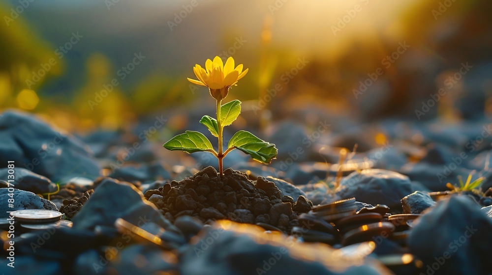 Single Yellow Flower Growing From Rocks in Sunlight
