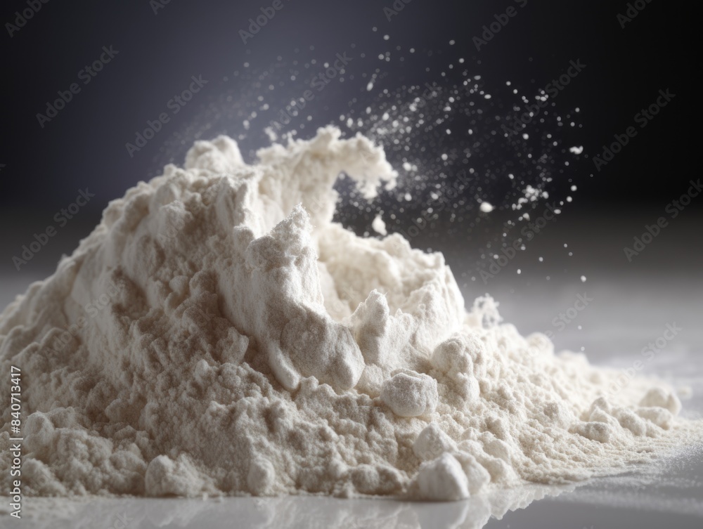 A close-up shot of a pile of white powder on a table, potentially used for decorative or scientific purposes