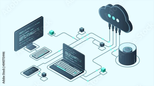 Cloud technology computing animation. Modern cloud technology. Data center isometric concept. Isometric cloud technology with datacenter. Web hosting concept. 4K video animated in isometric style