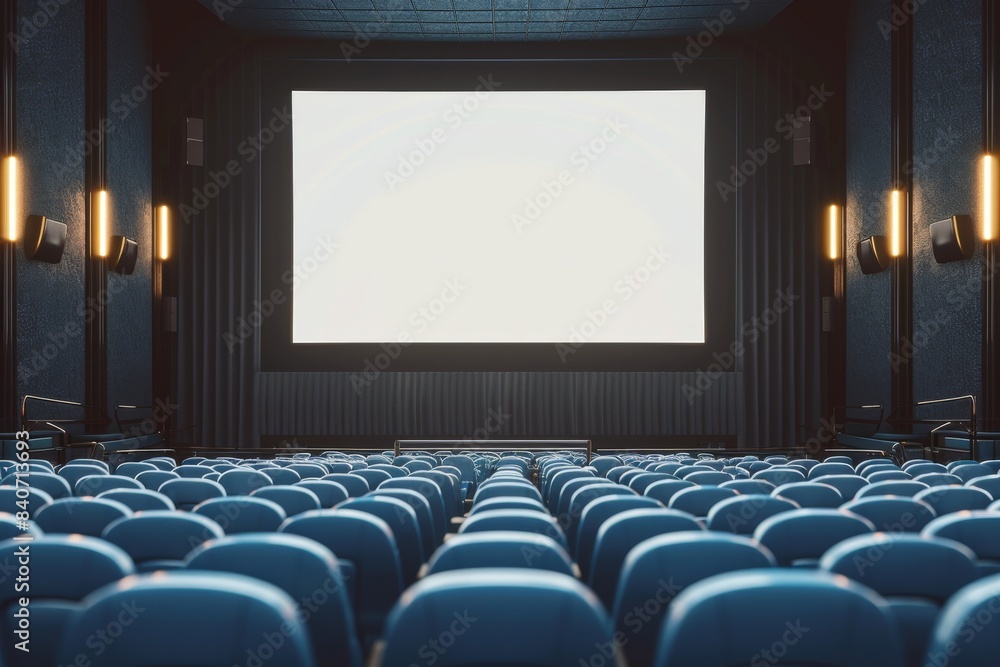 Empty movie theater with a blank cinema screen and blue seats Empty movie theater with a blank cinema screen and blue seats