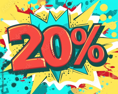 Colorful cartoon-style text of 20% with a vibrant, explosive background