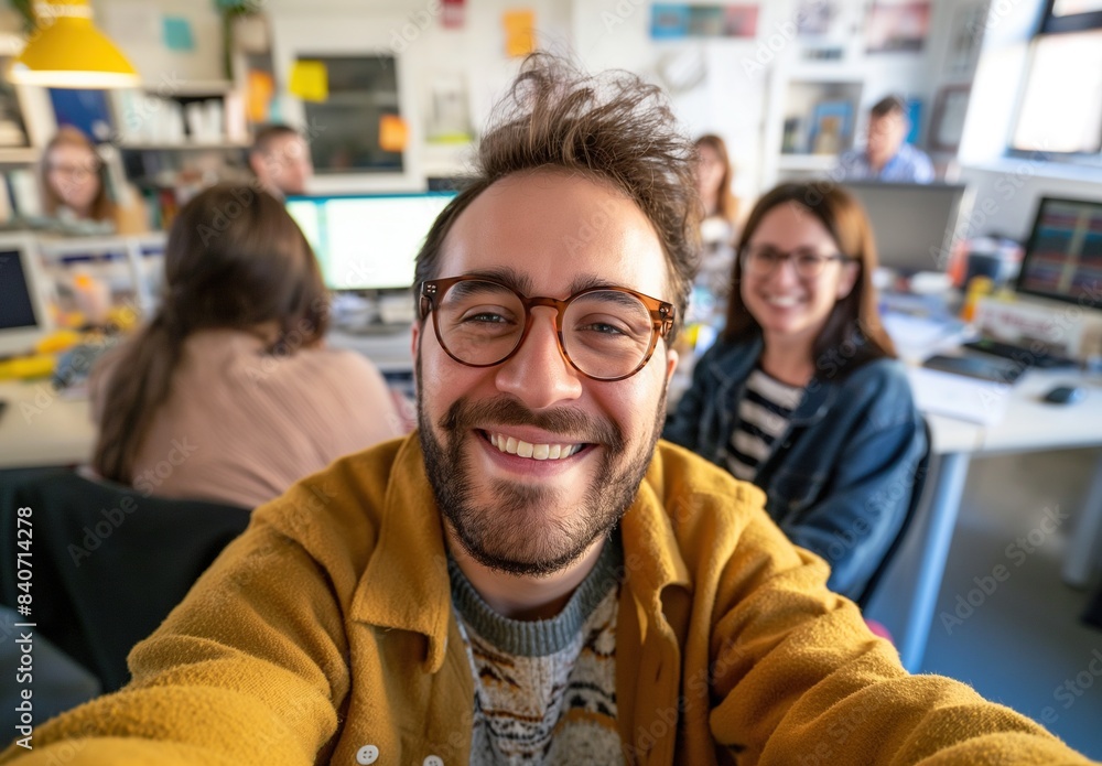 Office Worker Smiling and Taking Selfie in Cubicle with Coworkers in Background, Canon EOS R5, Shutter Speed Style Office Worker Smiling and Taking Selfie in Cubicle with Coworkers in Background, Canon EOS R5, Shutter Speed Style