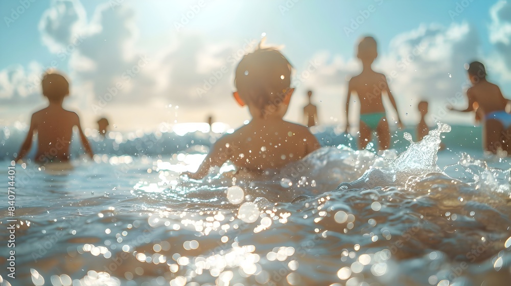 Children's Playtime: A Blur of Joy amidst Beach and Shallow Water Children's Playtime: A Blur of Joy amidst Beach and Shallow Water